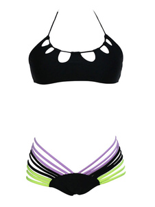 Noir découper multicolore sans fil Bikini Set Polyester femmes de charme