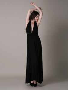 Robe maxi en polyester unicolore à dos décolleté creusé et licou