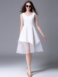 V-cou robe sans manches plissées semi sheer Skater