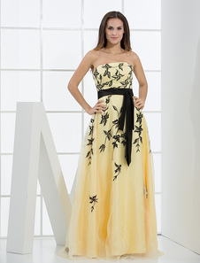 Robe de soirée bustier jaune avec ceinture longueur plancher