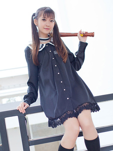 Noir Lolita Robe Peter Pan collier Lolita Robe une pièce avec sa garniture de dentelle noire