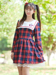 Sweet Lolita Robe Square collier Lolita Robe Plaid brodé de dentelle blanche de lapin