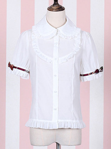 Lolita blanc Top ébouriffées autour de l’arc rouge mignon collier Lolita Blouse en bref manches
