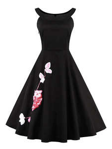 Petite robe noire Floral imprimé rétro robe avec jupe ample