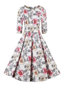 Vintage Floral Print Half Sleeve évasée robe