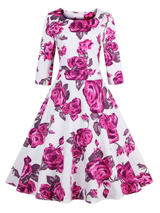 Robe Vintage blanc avec impression demi-manchon Party robe à fleurs