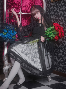 Lolita Belle Robe à bretelles en chiffon noire artistique imprimé fleurie Robe sans manches