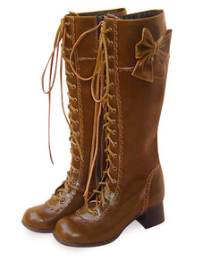 Bottes lolita en PU blanc à talon avec laçage et nœud de papillon