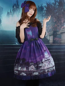 Lolita bleu profond robe bretelles robe en mousseline de soie imprimée