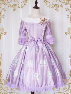 Robe lolita en fausse soie avec noeud et noeud Jolie col à revers