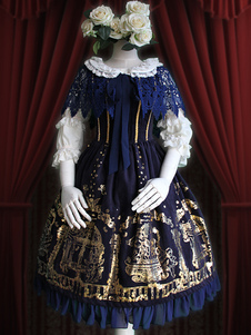 Robe à bretelles lolita en velours côtelé imprimé d'or avec noeud à volants