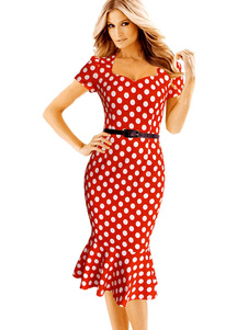 Robe vintage rétro à pois avec ceinture col rond travail