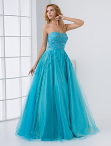 Robe de bal princesse bleue en filet encolure coeur