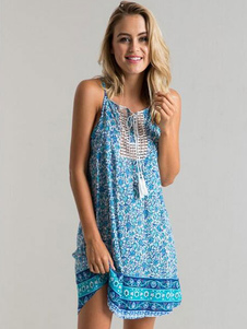 Mini robe bleue éblouissante en polyester impression à dos décolleté avec dentelle à bretelles