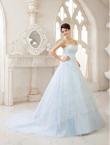 Chic robe mariage A-ligne en tulle avec paillettes encolure en coeur traîne courte