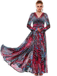 Multicolor Maxi robe impression profonde-V en mousseline de soie robe à fleurs