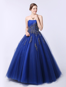 Robe boule bustier en tulle bleu royal avec perles et appliques