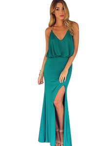 Robe Maxi Polyester haute-Split vert bretelles volants pour femmes