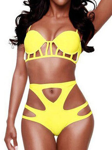 Bikini jaune bretelles découpe coton maillot de bain pour femmes