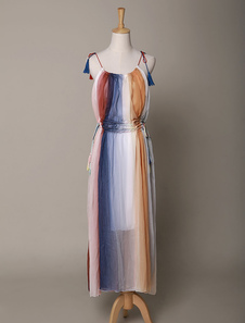 Bretelles robe de mousseline de soie imprimé multicolore robe Maxi