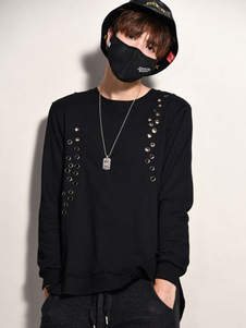 Noir Sweat-shirt coton Punk découpe haut à manches longues à œillets hommes