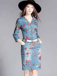 Mini robe en denim bleu impression moulant col V