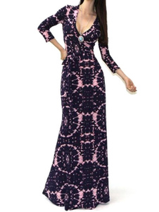 Robe longue violet foncé imprimé cercles sirène avec tricot col V