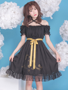 Gothic Lolita Robe en mousseline de soie Bow Croix Puff imprimé manches Robes Lolita Gothique Milano
