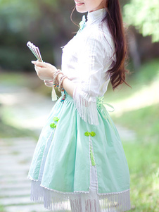 Qi Lolita Robe frange taille haute menthe verte Qi Lolita jupe avec des glands