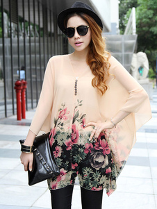 Blouse en chiffon blanc imprimé fleuri avec bouton