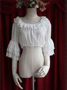 Lolita de mousseline de soie blanche Blouse Hime moyen manches dentelle taille haute finition