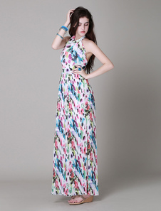 Robe longue bleu océan fleuri à dos décolleté bretelles