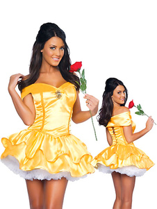 Toussaint Cosplay Costume princesse jaune en satin stretch à volant