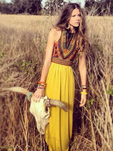 Robe longue jaune chiffon jacquard col rond