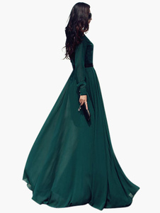 Robe longue vert chiffon poches col montant