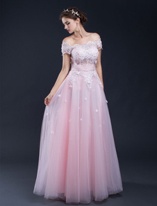 Plage mariage robe dentelle rose appliques a-line l’épaule parole longueur robe de mariée