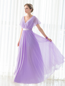 Demoiselle d’honneur robe lilas en mousseline de soie Maxi col en v manches courtes Sash Satin parol