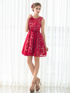 Robe en dentelle robe de Cocktail rouge court Prom Dress Homecoming sans manches a-ligne