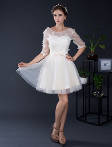 Dentelle robe courte Tulle hors-la-épaule manches moitié Mini robe de mariée a-line Illusion Homecom