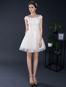 Robe dentelle appliques Off-the-shoulder Tulle a-ligne robe de mariée Mini Lace-up Bow Sash Homecomi