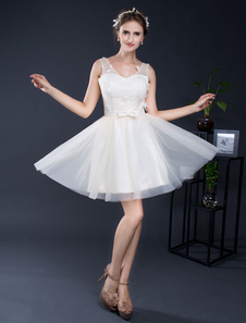 Robe dentelle col v Tulle robe de mariée a-ligne Mini Sash Homecoming Lace-up robe de mariée courte