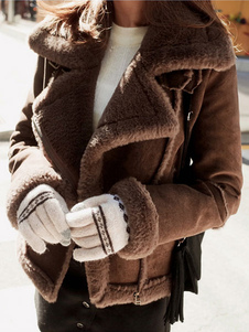 Manches longues col Turndown zippée manteau Casual daim manteau d’hiver femme