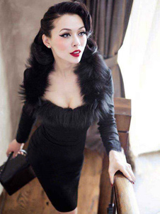 Robe Bodycon noire Split fausse fourrure rayonne Party Dress