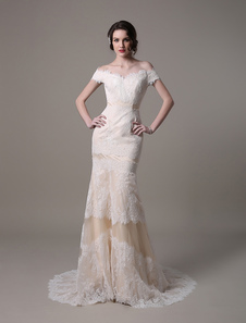 Robe mariée magnifique sirène dentelle champagne Avec traîne