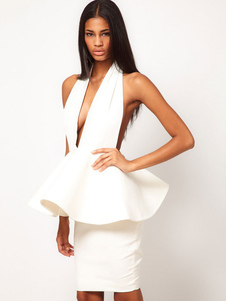 Robe bodycon en rayonne à licou unicolore avec péplum à dos décolleté