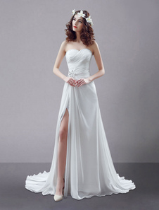 Blanc robe de mariée sans bretelles torsadées Split Rhinestone mariage en mousseline de soie robe