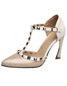 Sandales à talons à talons originaux en PU T-bracelet avec rivet