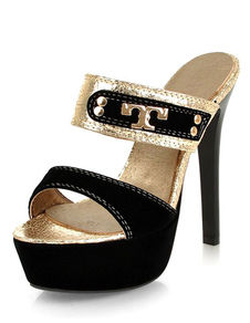 Métal noir & or détails plate-forme PU diapositives pour les femmes