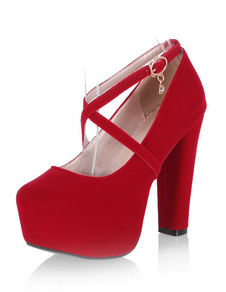 Escarpins beaux à plateforme à talons épais en micro daim unicolore croisé de polyuréthane / PU