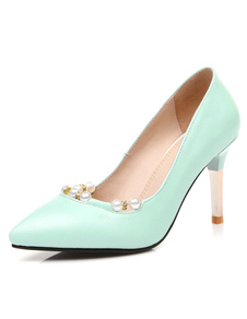 Escarpins à bout pointu et talons aigus en PU talons couverts avec perles